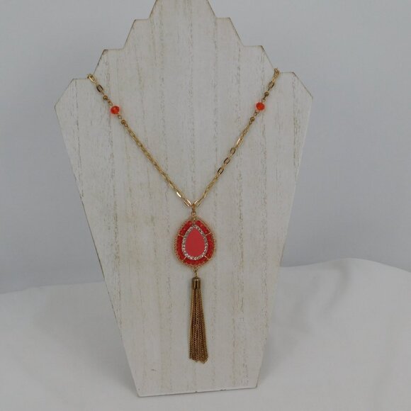 Orange Beaded Teadrop Necklace w/Tassle Rhinestones Gold Tone Adjustable Long - Picture 2 of 6